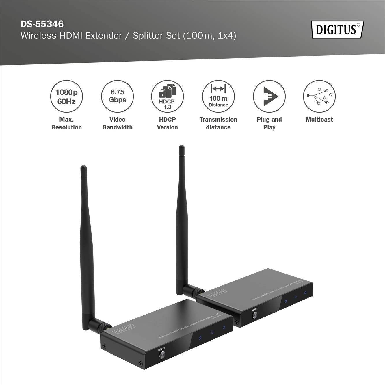 Zwei schwarze drahtlose HDMI-Extender/Splitter mit Antennen, Produktname 'DS-55346'. Funktionen: 1080p 60Hz, 100m Reichweite.