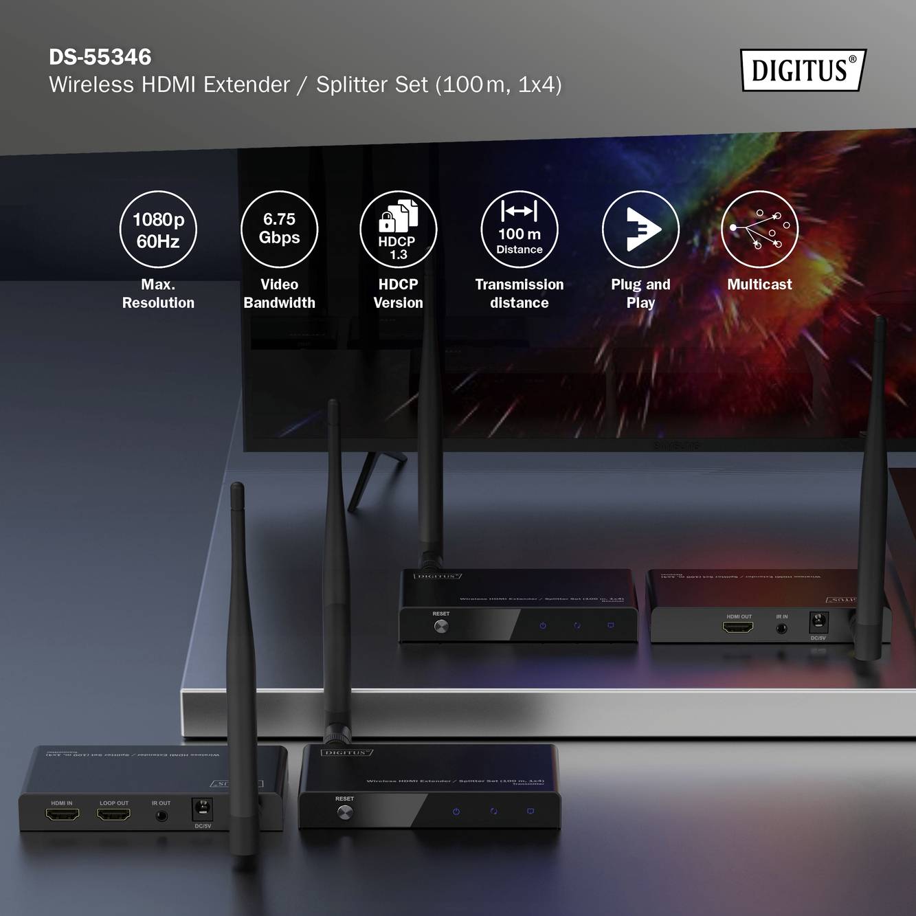 Kabelloser HDMI Extender/Splitter Set DS-55346 von Digitus für UHD-Übertragung. Bietet 1080p bei 60 Hz, 6,75 Gbps, Reichweite bis 100m.