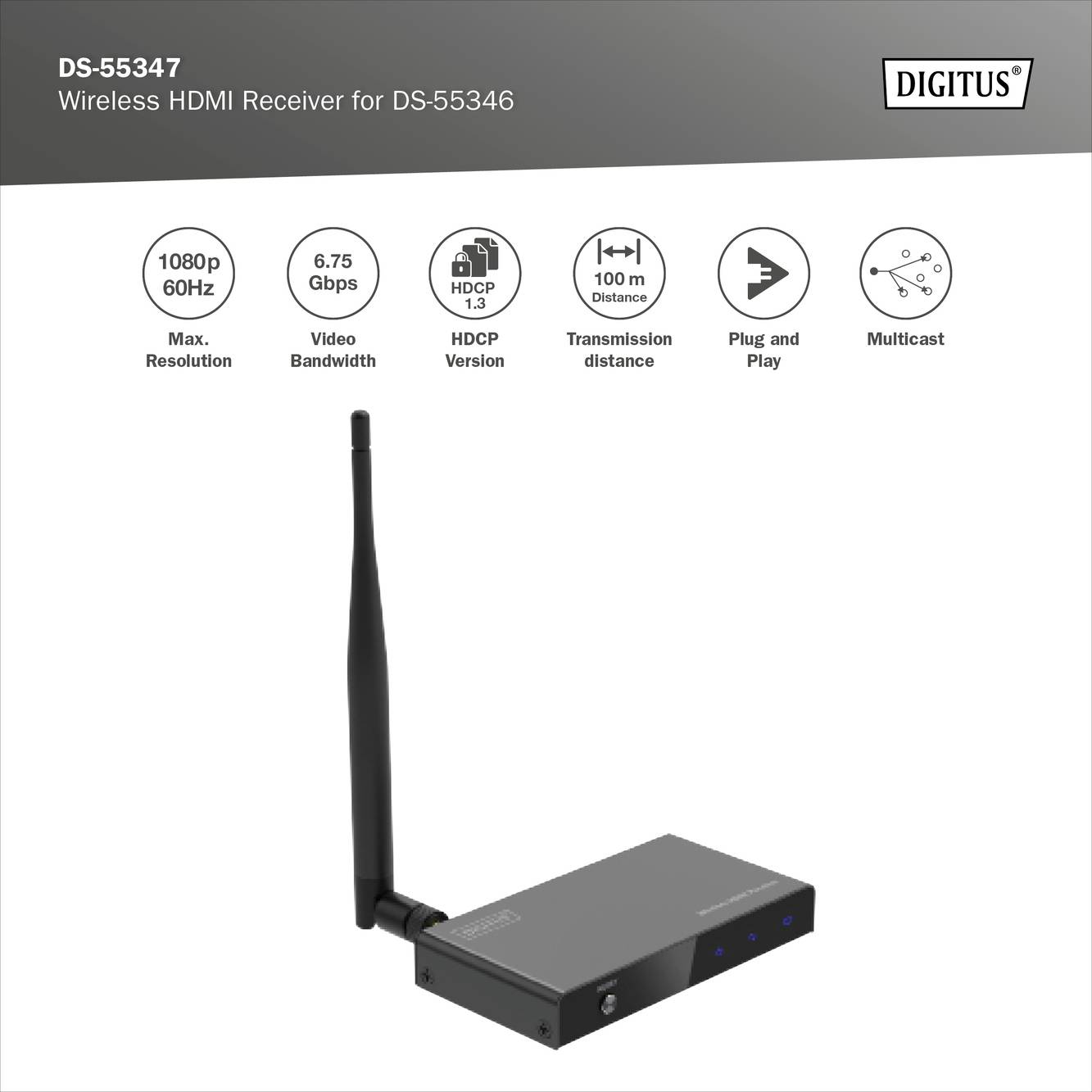 Ein kabelloser HDMI-Empfänger von Digitus, Modell DS-55347, mit Spezifikationen: 1080p bei 60 Hz, 6,75 Gbps, 100 m Reichweite.