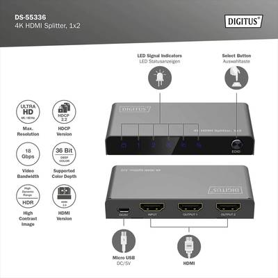 '4K HDMI Splitter, 1x2' von Digitus: Zeigt LED-Statusanzeigen und Auswahlknopf. Unterstützt Ultra HD, HD Video Bandbreite, hohe Kontrastbilder. Micro USB/DC und HDMI-Anschlüsse.