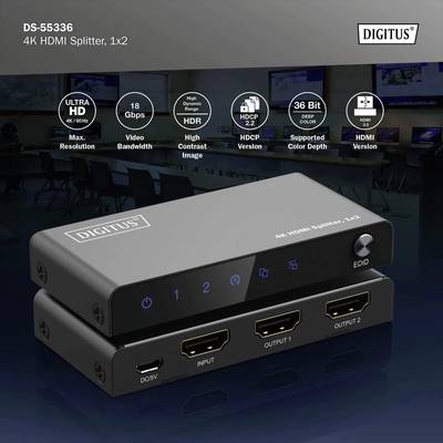 HDMI-Splitter 'Digitus 4K 1x2' auf einem Tisch, geeignet für 4K-Videoübertragung mit 18 Gbps Bandbreite und 36 Bit Farbtiefe.