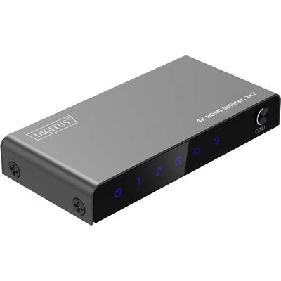 Grauer HDMI-Splitter mit der Aufschrift '4K HDMI Splitter, 1x2', vier blauen Funktionstasten und einem schwarzen, glänzenden Bedienfeld.