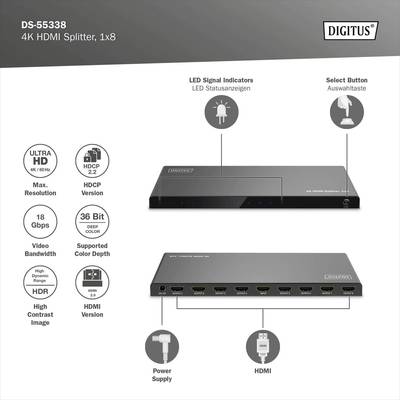 'DS-55338 4K HDMI Splitter, 1x8' zeigt ein HDMI-Splittergerät mit acht HDMI-Ausgängen, LED-Statusanzeigen und einem Auswahlschalter. Unterstützt 4K, 18 Gbps Datenrate und 36 Bit Farbtiefe.