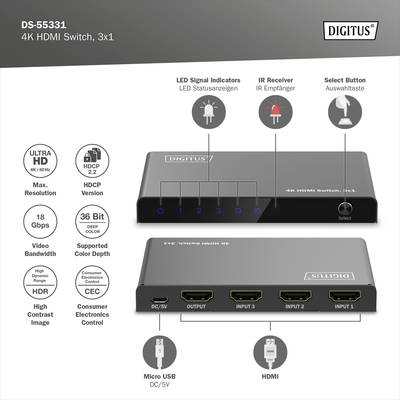 'Digitus DS-55331' 4K HDMI Switch zeigt LED-Signale, IR-Empfänger und 3 HDMI-Eingänge. Unterstützt 4K, HDCP, 36-Bit Farbtiefe.