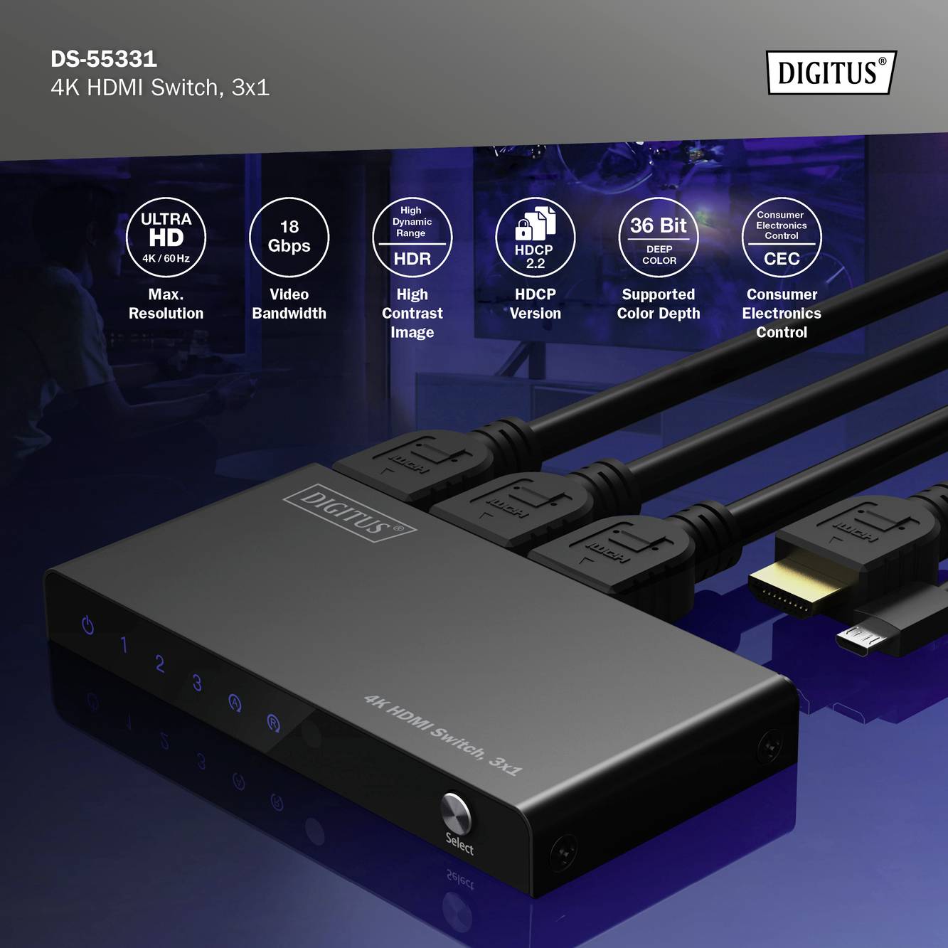 '4K HDMI Switch 3x1 von Digitus mit drei HDMI-Eingängen und einem Ausgang. Unterstützt 4K-Auflösung, HDR, HDCP 2.2 und CEC-Steuerung.'