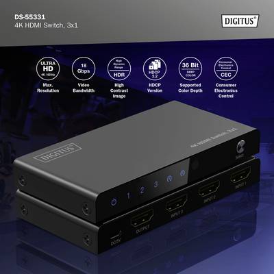 Ein schwarzer HDMI-Switch mit drei Eingängen und einem Ausgang wird präsentiert. Oben sind Spezifikationen und der Markenname 'DIGITUS' sichtbar.