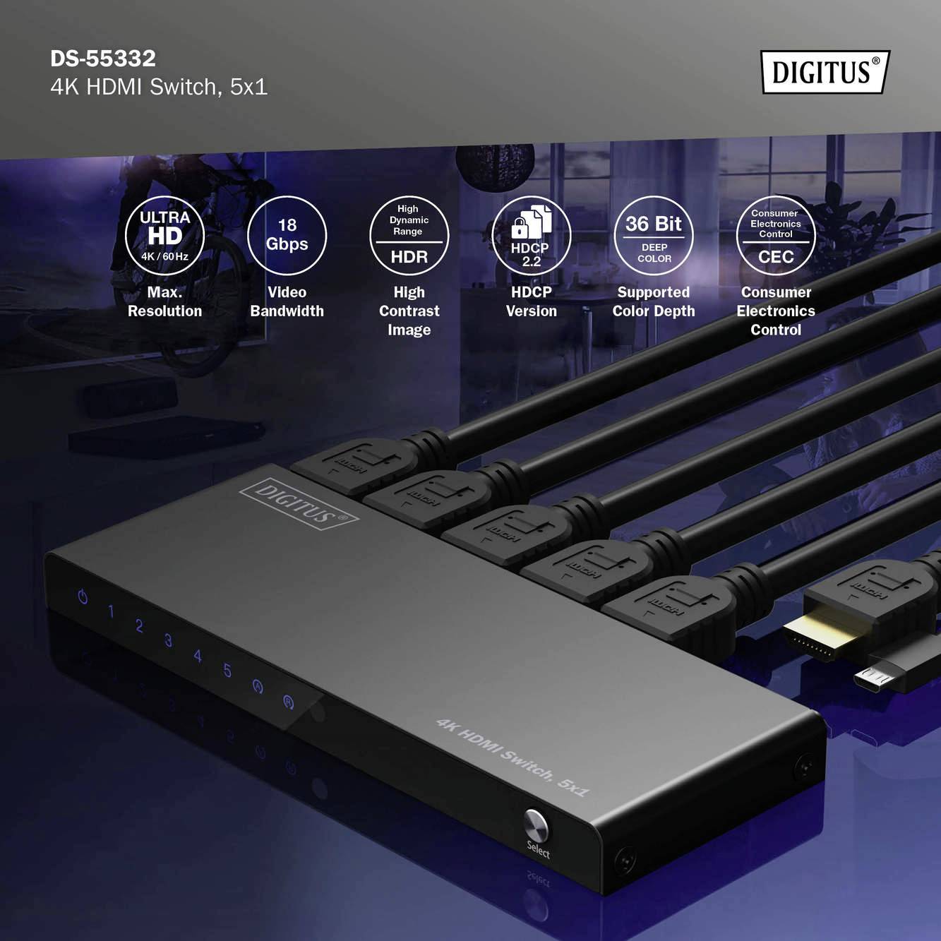 'Schwarzer 4K HDMI-Switch mit 5 Eingängen und 1 Ausgang, 18 Gbit/s, HDR, HDCP 2.2, Steuerung per Fernbedienung oder CEC.'