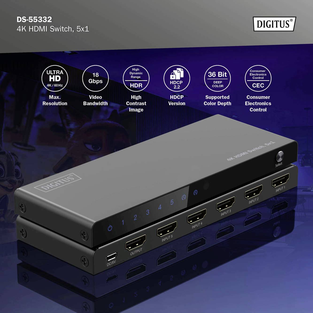 '4K HDMI Switch 5x1' von Digitus mit fünf HDMI-Eingängen und einem Ausgang. Unterstützt 4K Auflösung, HDR und HDCP.