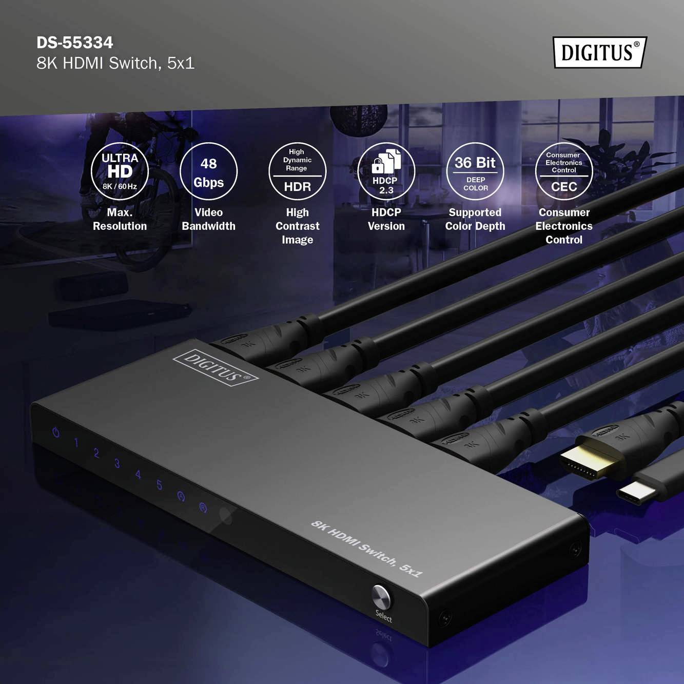 'HDMI Switch' mit 5 Eingängen und 1 Ausgang, unterstützt 8K Auflösung. Hervorhebung der technischen Spezifikationen wie 48 Gbps und HDR.