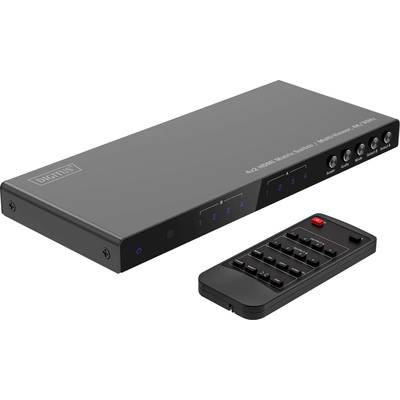 Ein schwarzer HDMI-Matrix-Switch mit vier Eingängen und zwei Ausgängen, daneben eine schwarze Fernbedienung mit roten Details.