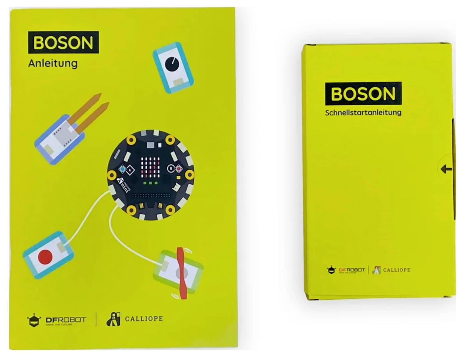 Zwei gelbe Schachteln mit der Aufschrift 'BOSON'; links 'Anleitung' mit Grafik von elektronischen Modulen, rechts 'Schnellstartanleitung'.