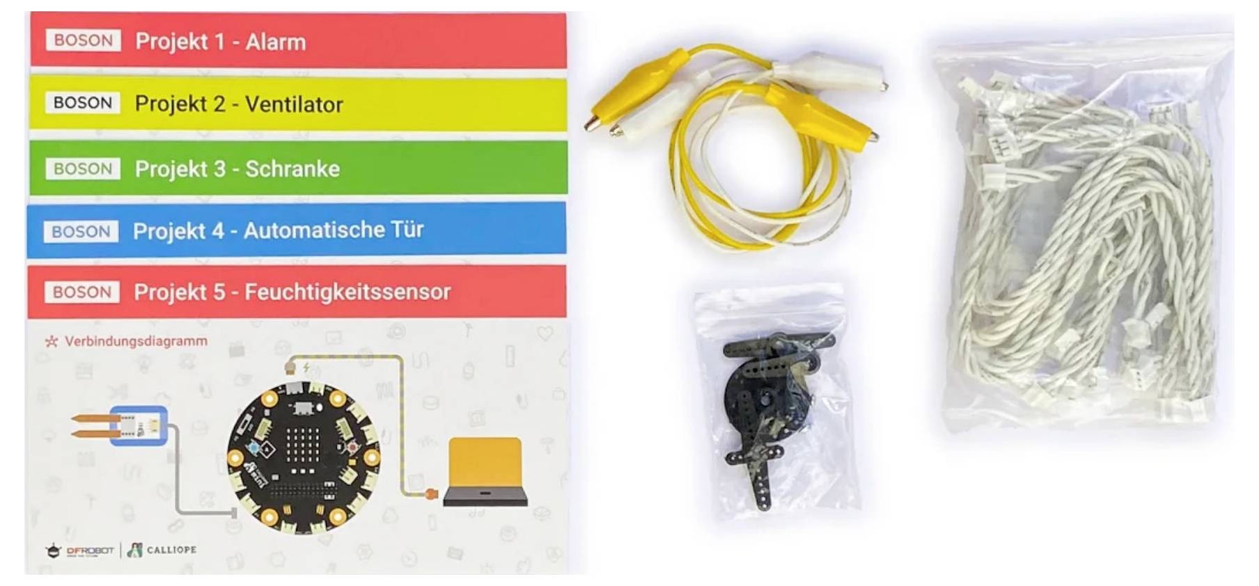 'BOSON Kit' mit 5 Projekten: Alarm, Ventilator, Schrank, Automatische Tür, Feuchtigkeitssensor. Enthält Kabel und Verbindungskomponenten.
