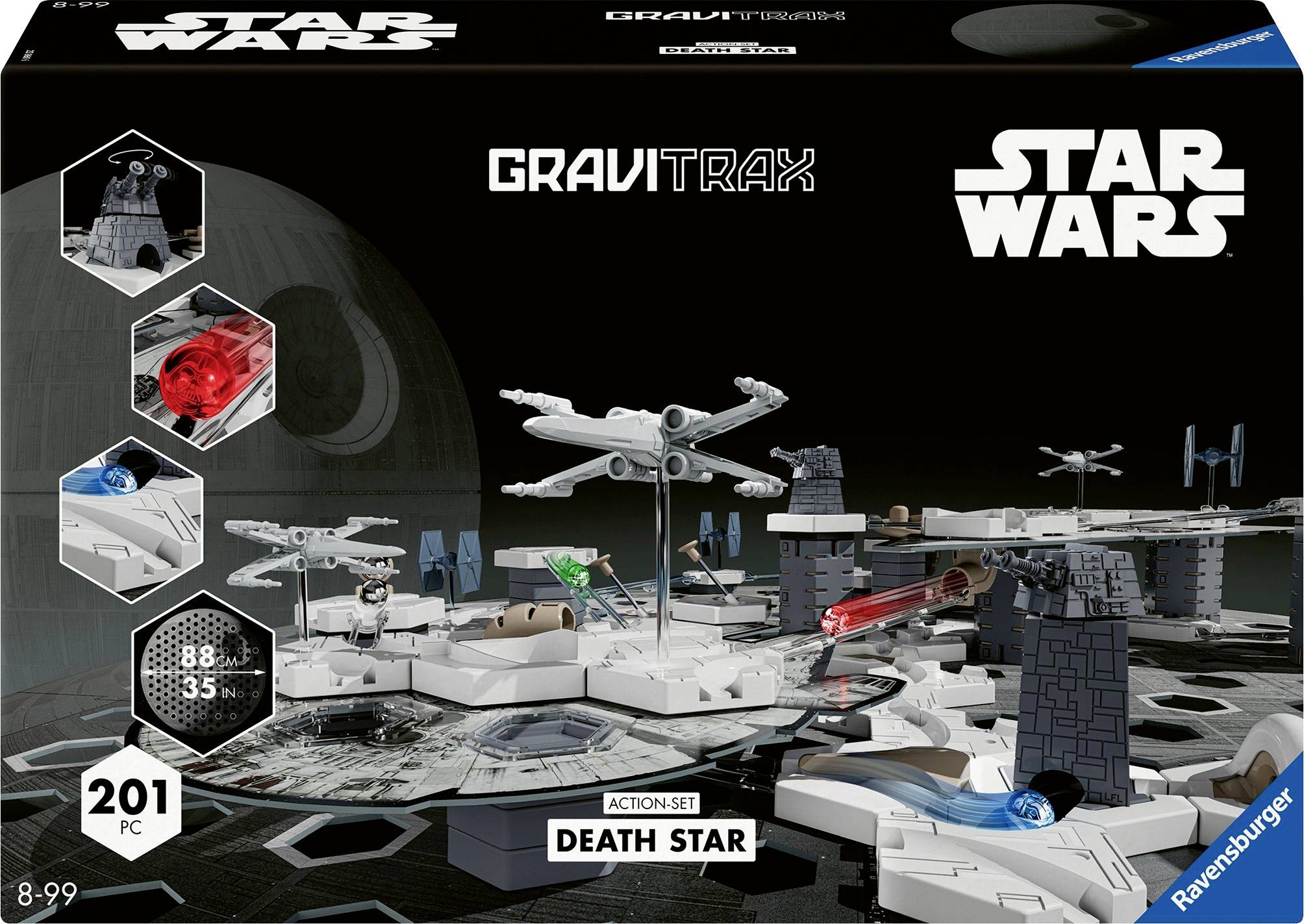 GraviTrax 'Star Wars' Action-Set zeigt Spielzeugkugelbahn mit Todesstern-Thema. Enthält 201 Teile, geeignet für Kinder von 8-99 Jahren.
