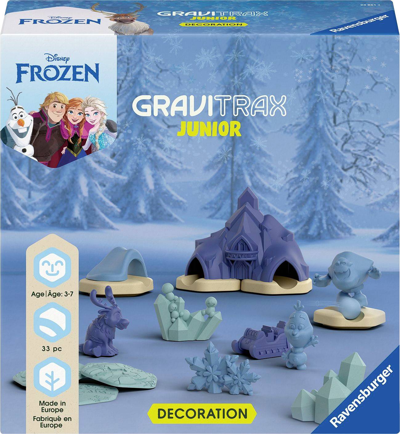 Verpackung des Ravensburger 'GraviTrax Junior' mit Disney Frozen-Motiven. Enthält 33 Bauteile für Kinder im Alter von 3 bis 7 Jahren.