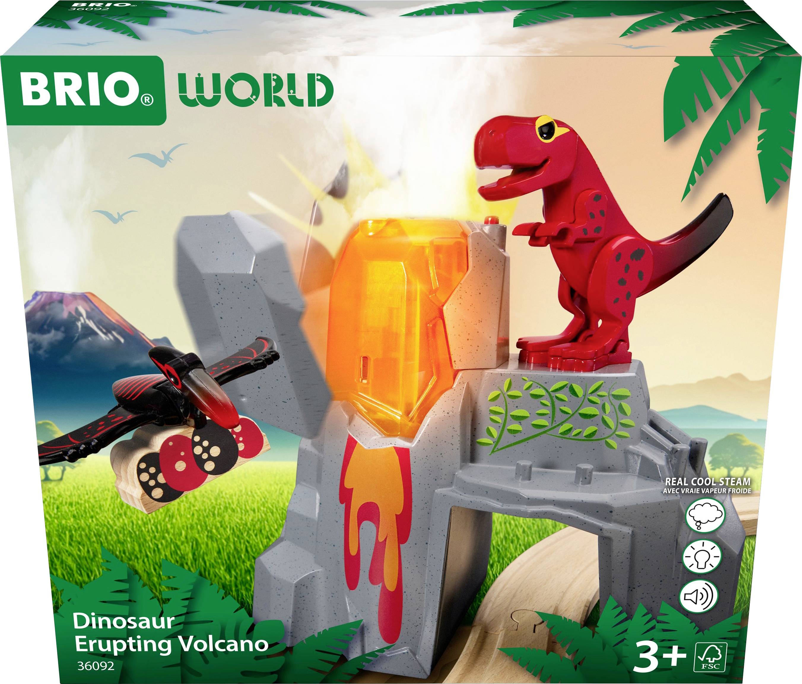 Schachtel eines Brio-Spielsets 'Dinosaur Erupting Volcano' für Kinder ab 3 Jahren mit leuchtendem Vulkan und rotem Dinosaurier.
