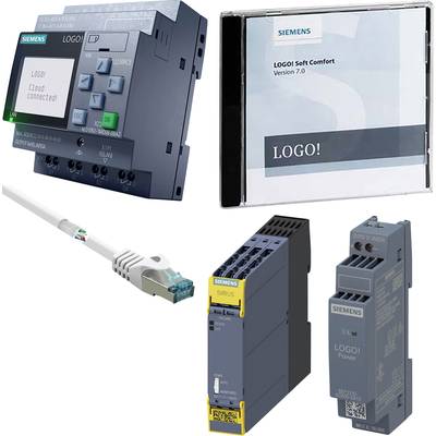 Abgebildet sind verschiedene Siemens LOGO! Produkte, darunter ein Cloud-Konnektor, Software-CD, Netzwerkkabel, Automatisierungs- und Strommodule.