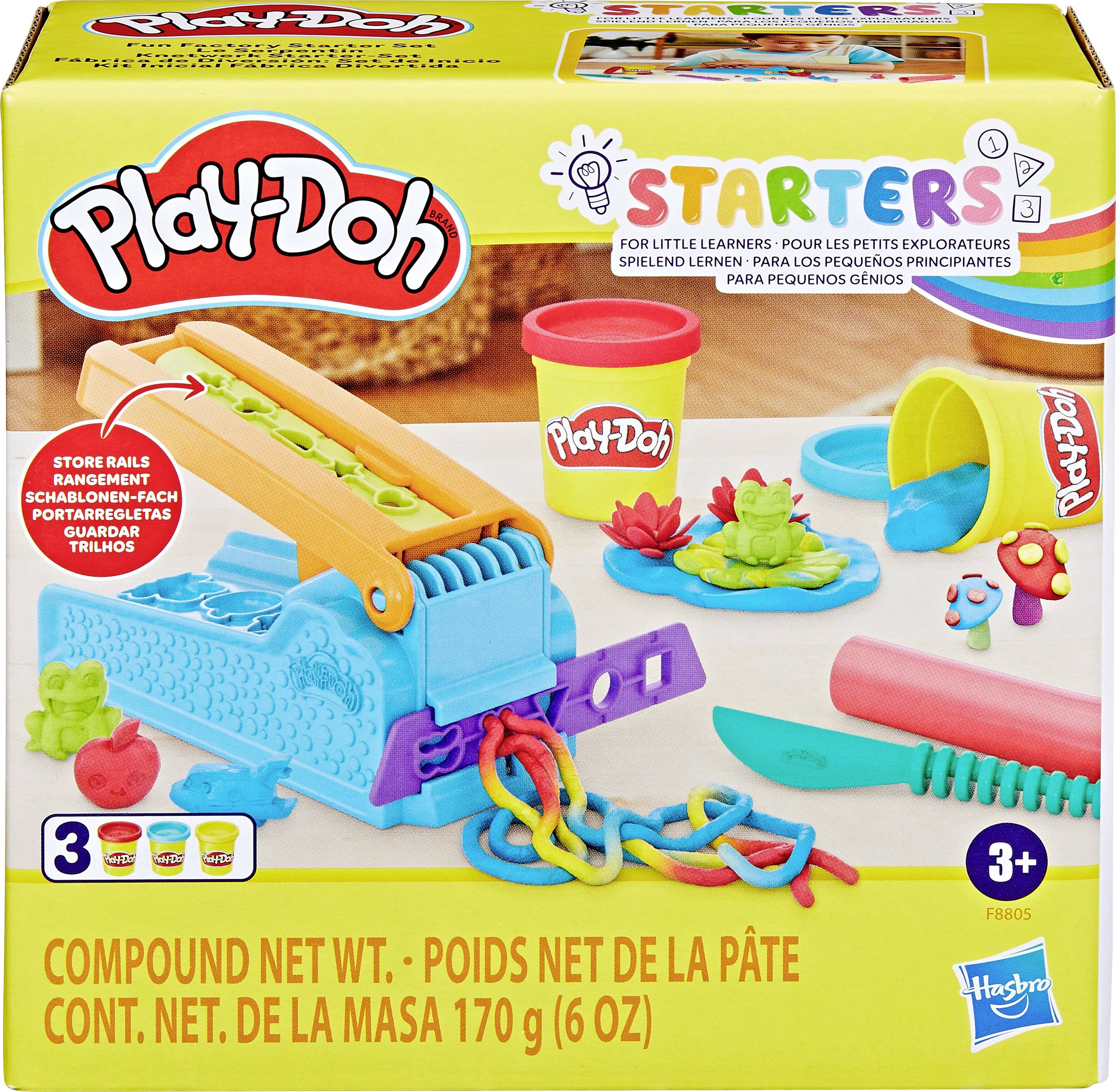 Eine Play-Doh-Starterpackung mit Knetwerkzeugen und buntem Spielzeug zum Kneten und Formen. Geeignet für Kinder ab 3 Jahren.