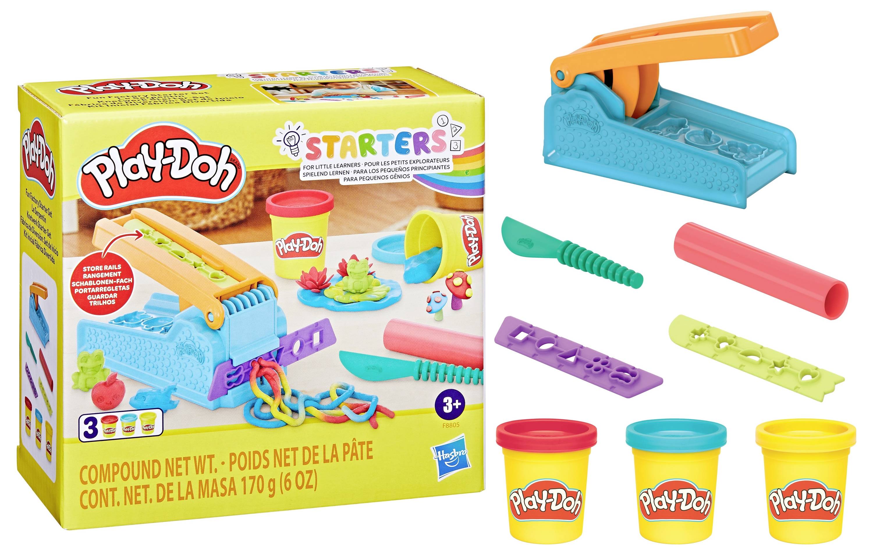 Verpackung von Play-Doh Starter Set mit Knete und Werkzeugen für Kinder ab 3 Jahren. Enthält bunte Dosen und Förmchen zum Spielen.