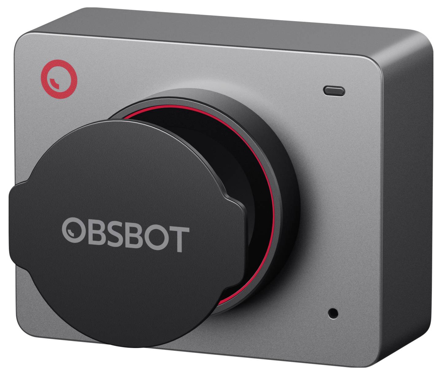 Eine graue Webcam mit schwarzer Frontabdeckung und rotem Ring um die Linse, Markenname 'OBSBOT' auf der Abdeckung sichtbar.