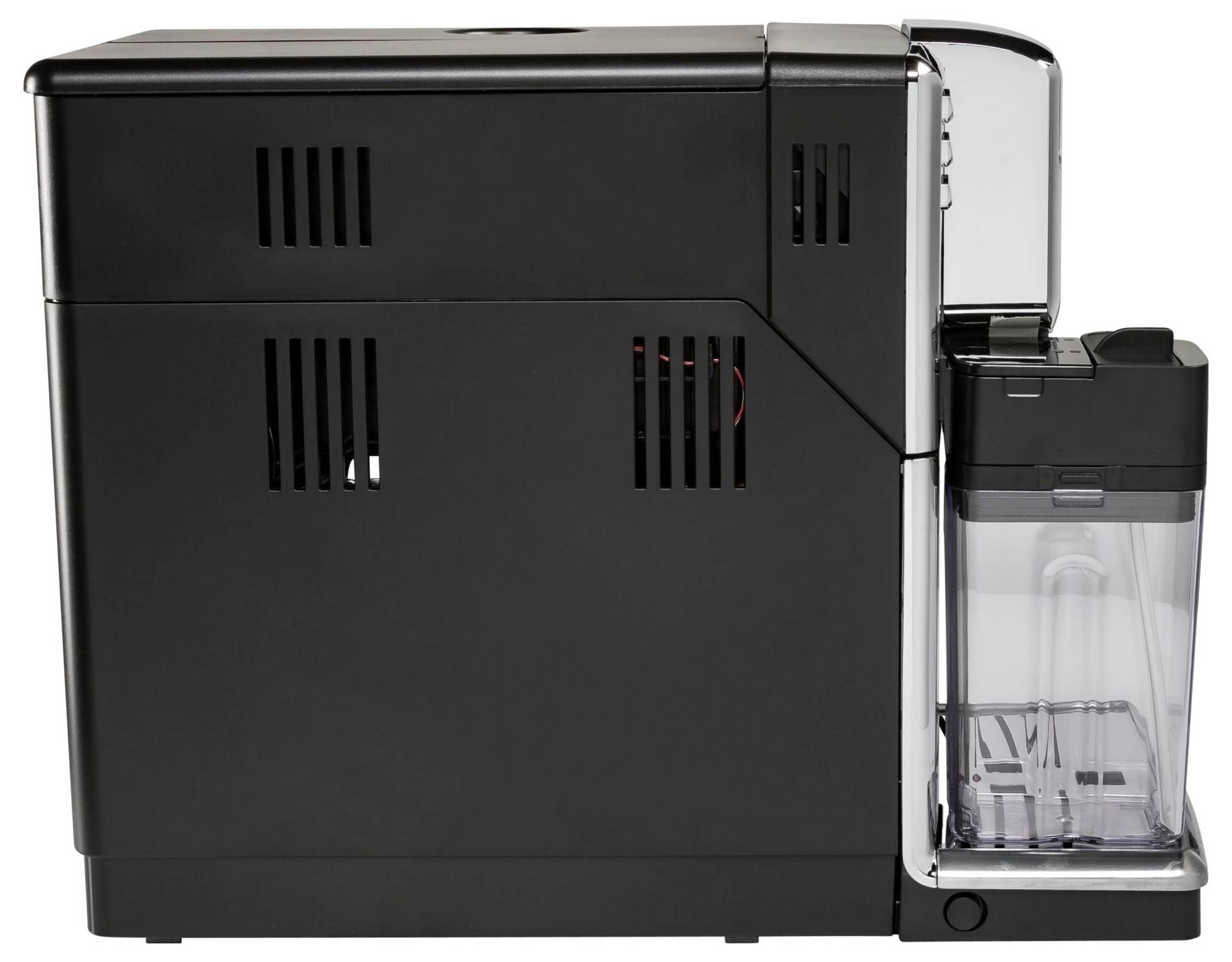 Eine schwarze Kaffeemaschine mit integriertem Milchbehälter auf der rechten Seite, ideal für die Zubereitung von Cappuccino und Latte Macchiato.