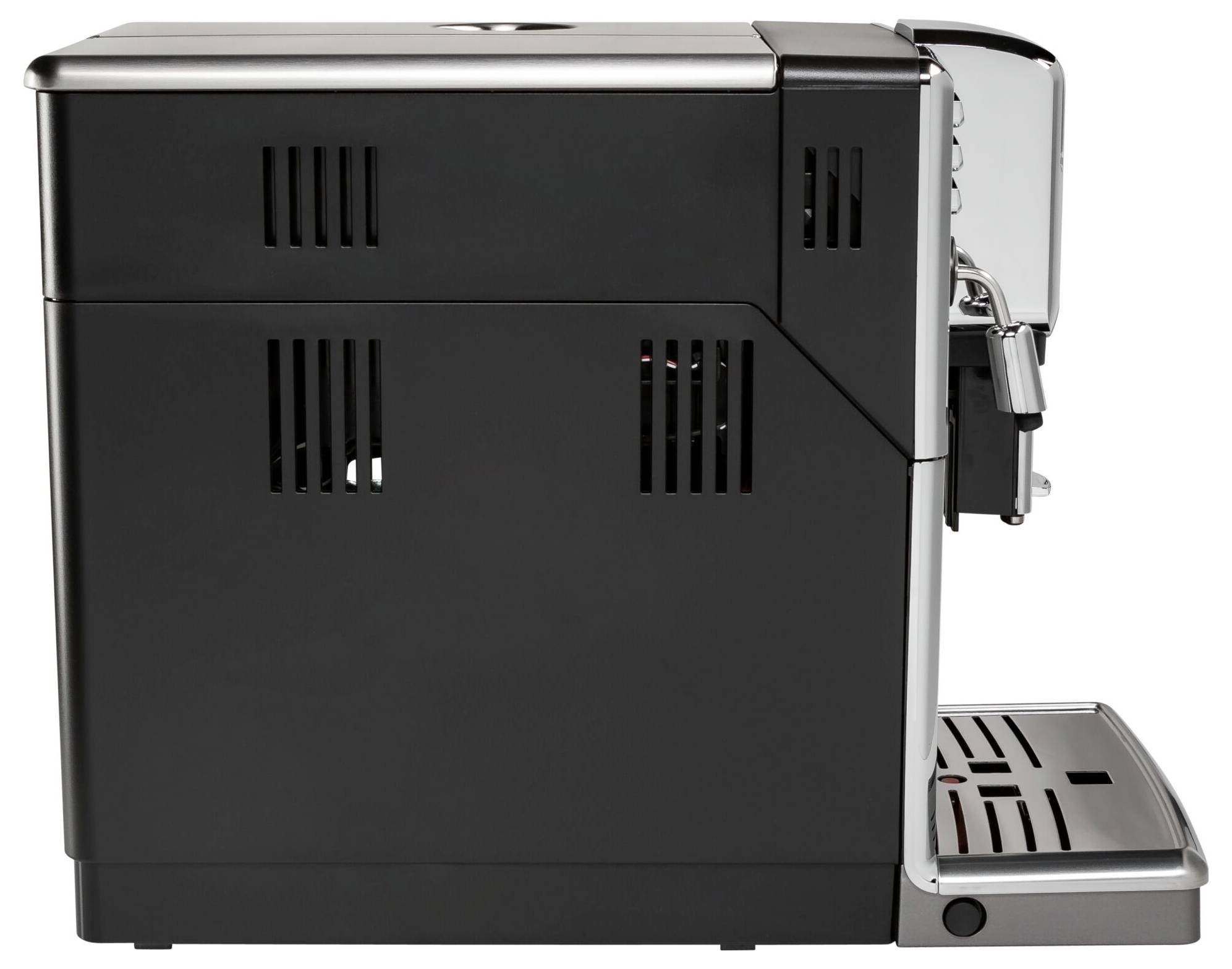 Kaffeemaschine in Seitenansicht, schwarz mit silbernen Akzenten.