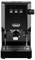 Schwarze Espressomaschine mit drei Tasten oben. Markenname "Gaggia Classic" vorne sichtbar. Moderne, kompakte Bauweise.