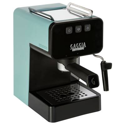 Espressomaschine in Türkis mit schwarzer Front und drei Bedientasten. Links ein herausnehmbarer Wassertank. Herstellername vorne.