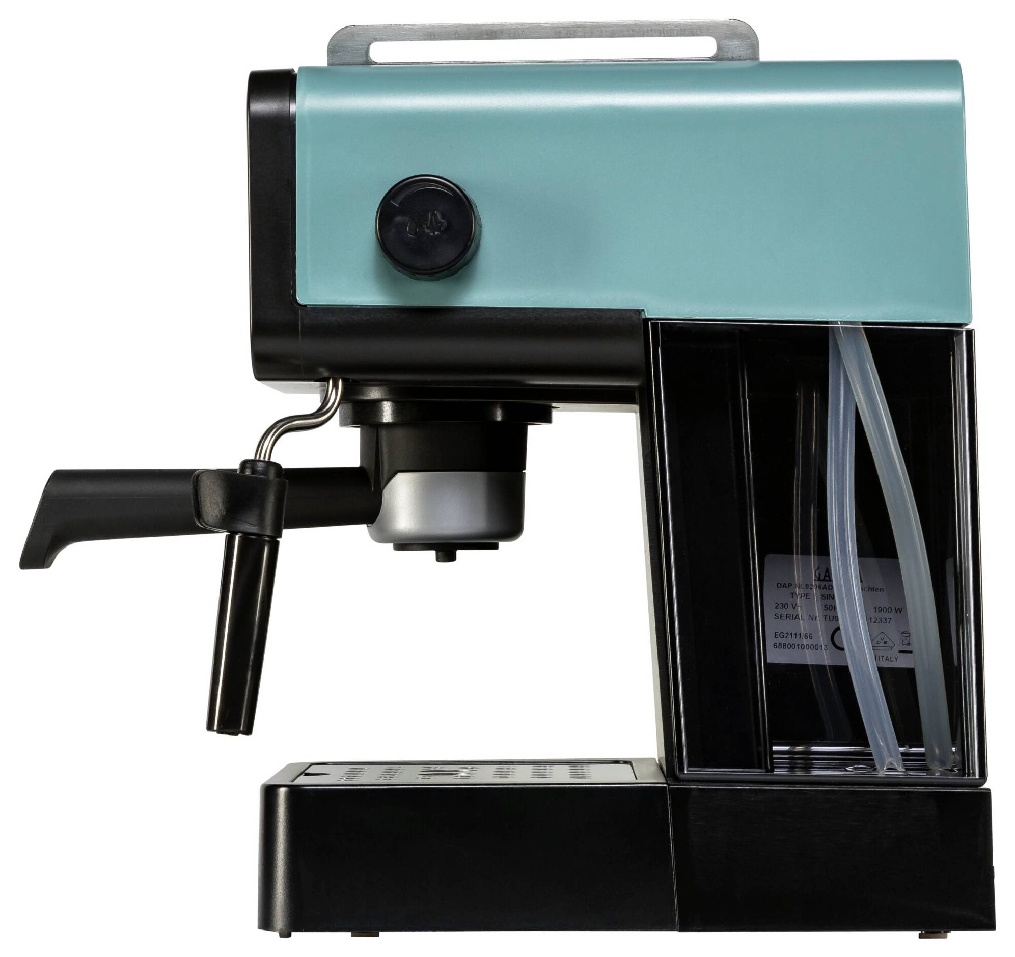 Kaffeemaschine in hellem Türkis und Schwarz, mit abnehmbarem Wasserbehälter und Dampfdüse für Espressozubereitung.