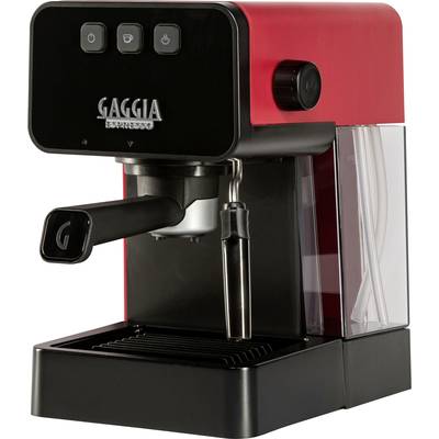 Rote Espressomaschine mit schwarzem Frontpanel und drei Tasten oben. Markenname 'GAGGIA' sichtbar. Dampfdüse und Wasserbehälter vorhanden.