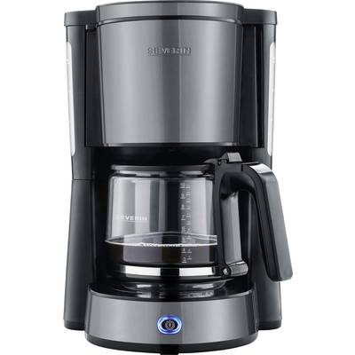 Kaffeemaschine mit Glaskanne, gefüllt mit Kaffee, silbernes und schwarzes Design, erleuchtete Einschalttaste unten.