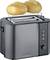 Ein Toaster mit zwei Brötchen auf dem Brötchenaufsatz. Der Toaster hat Knöpfe zur Einstellung der Bräunungsstufe.