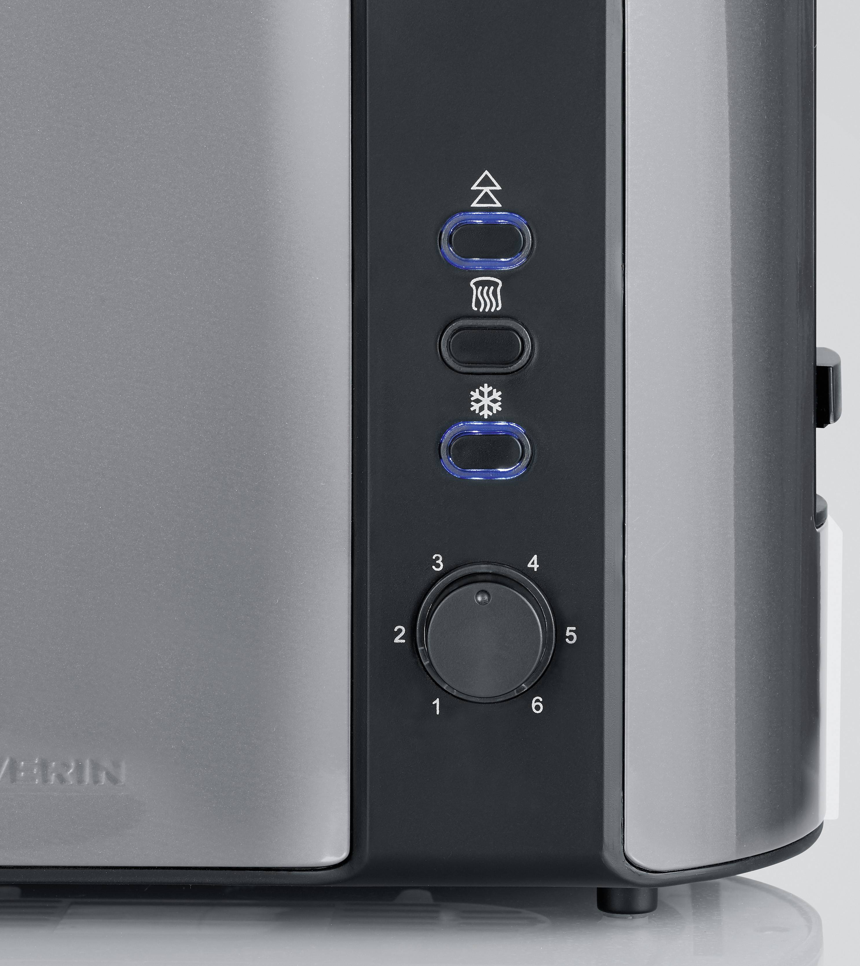 Nahaufnahme eines Toasters mit verschiedenen Einstellungstasten: Auftauen, Aufwärmen, Toasten. Einstellrad für Bräunungsgrad von 1 bis 6.