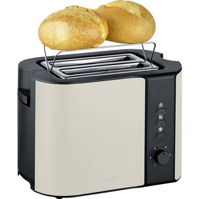 Ein Toaster mit gebräunten Brötchen darauf. Der Toaster hat mehrere Einstellungen, darunter einen Drehknopf zur Regulierung der Bräunung.