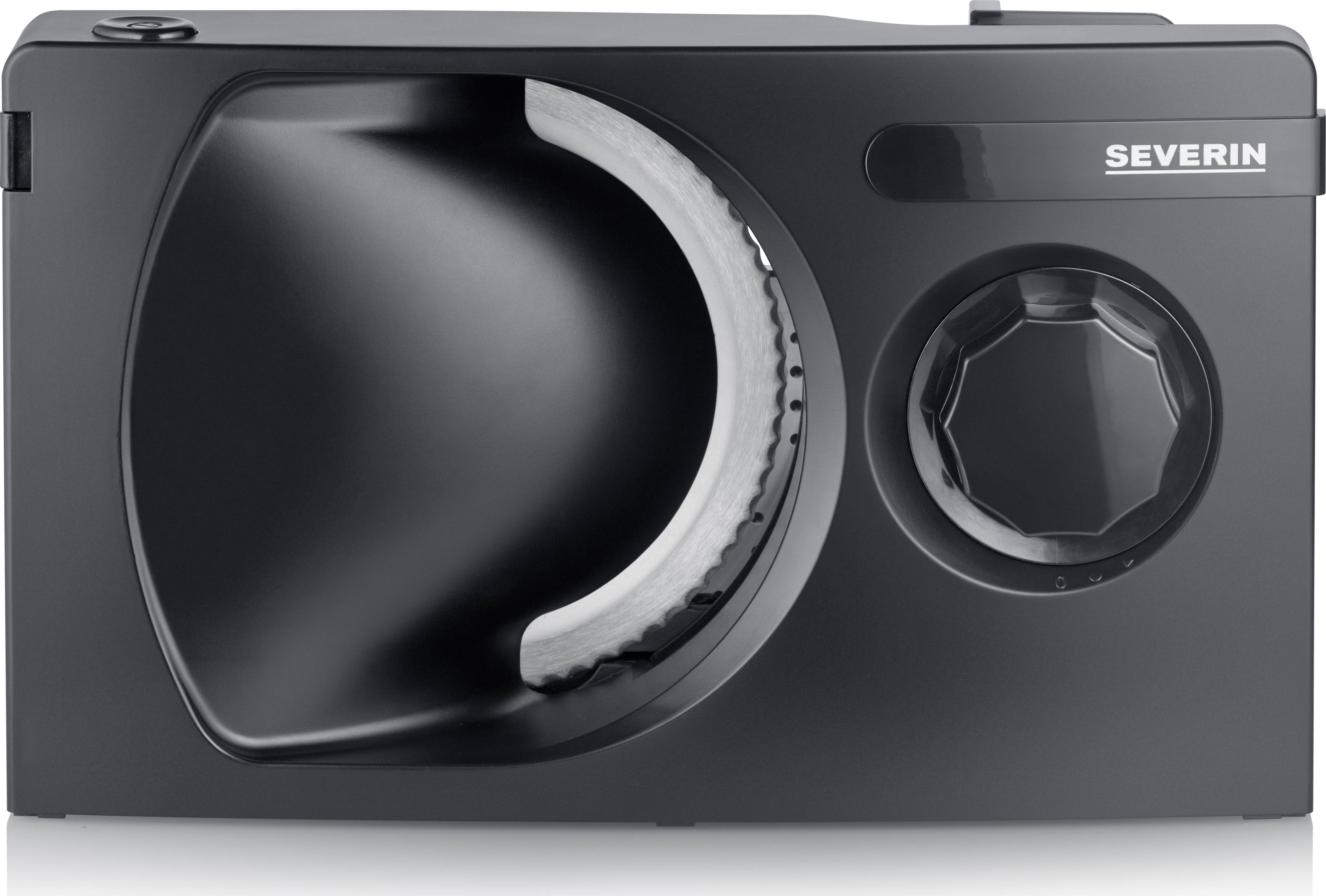 Ein schwarzer, horizontaler Elektromesser-Schneider von Severin mit großem, geriffeltem Schneideblatt und Drehknopf zur Einstellung.
