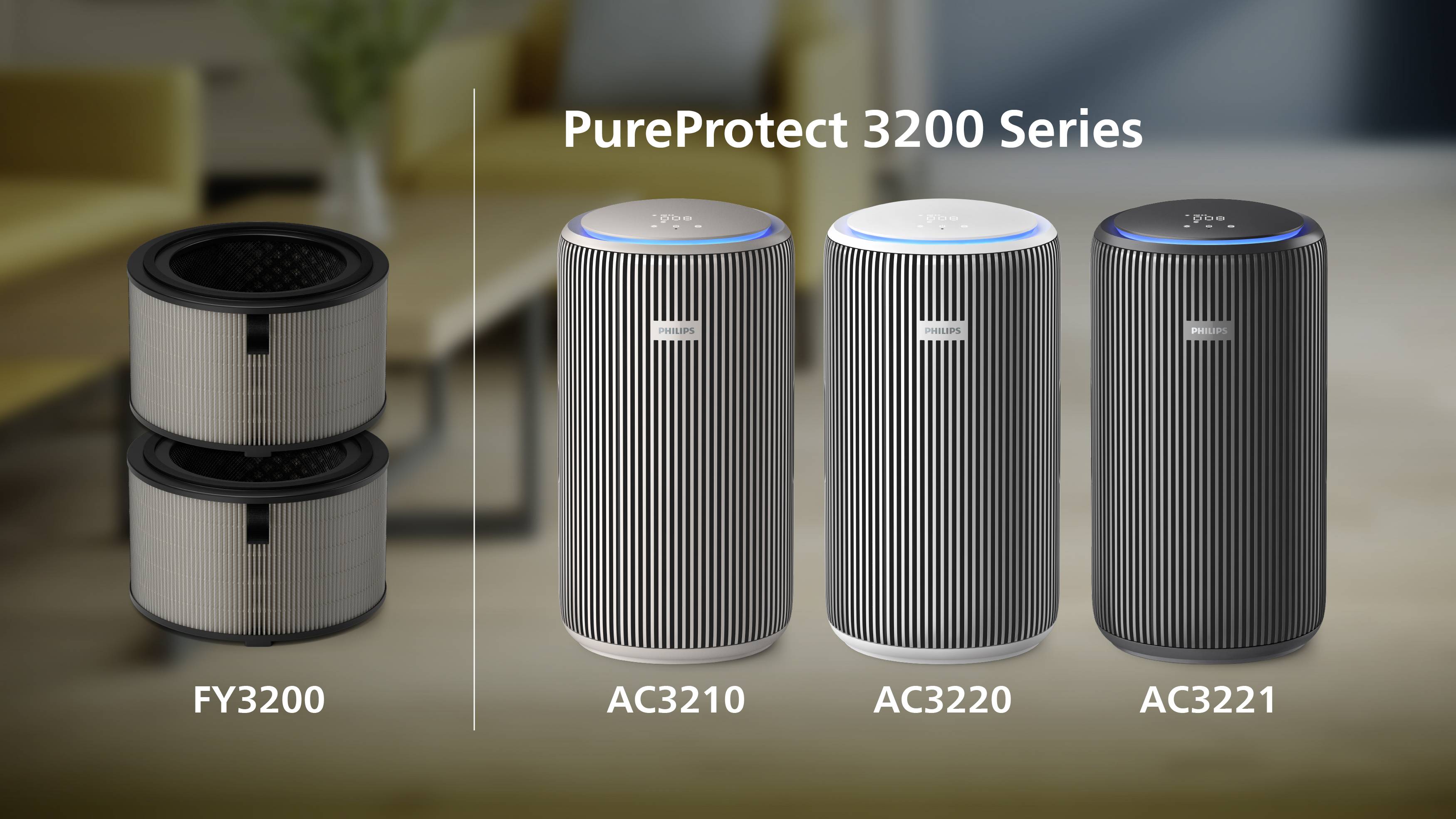 'Luftreiniger der Serie PureProtect 3200 mit drei Modellen: AC3210, AC3220, AC3221. Links zwei Ersatzfilter FY3200.'