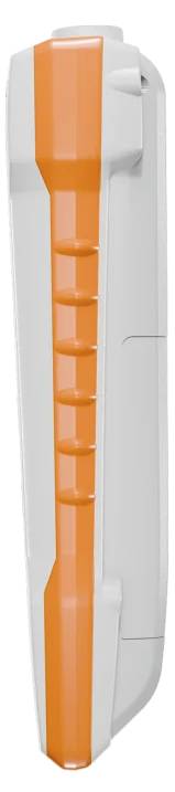 Ein RFID-Kartenlesegerät mit einem weißen Gehäuse und orangenen Farbakzenten, kompakt und tragbar, ideal für Zugriffskontrollen.