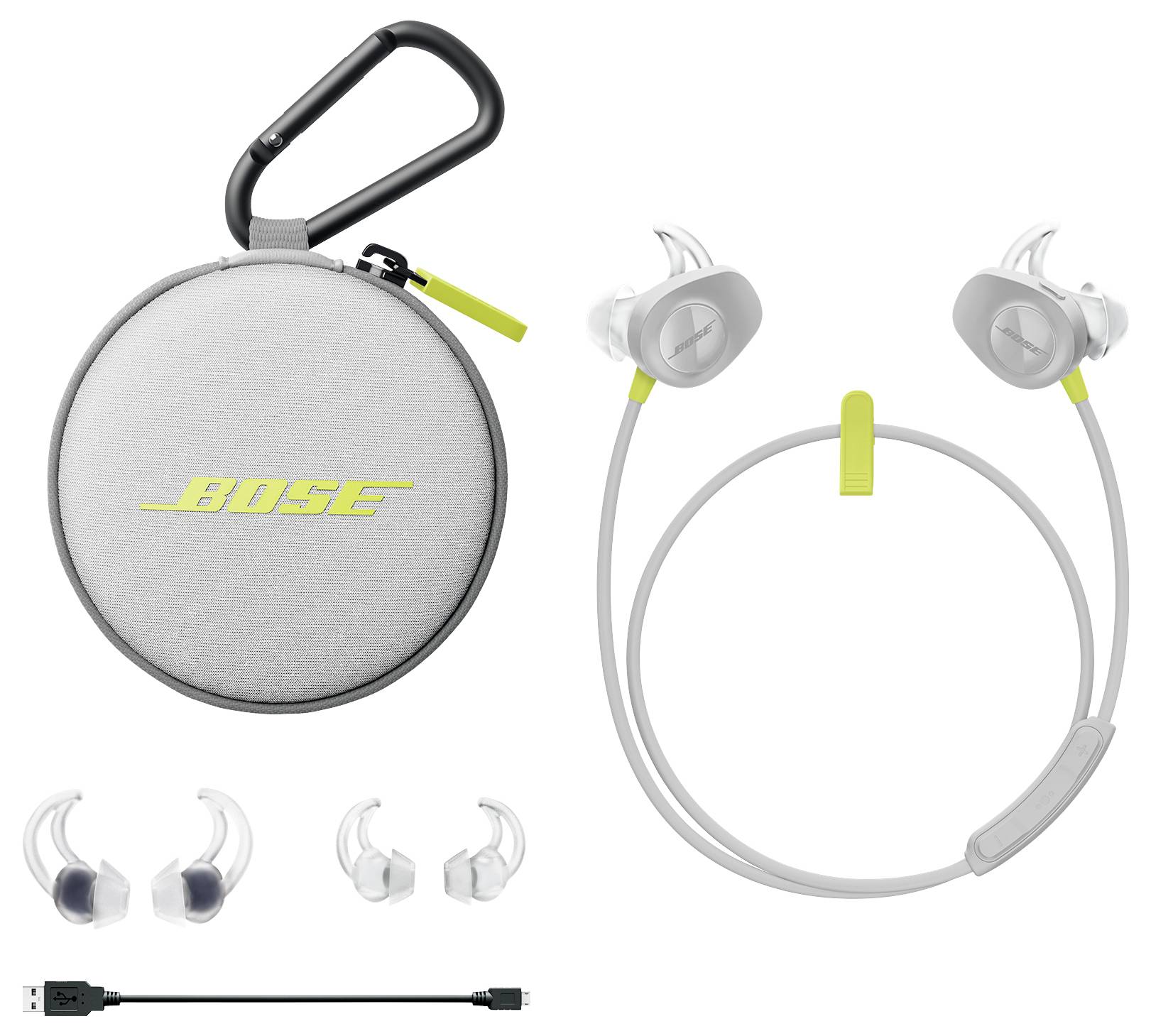 Kabellose In-Ear-Kopfhörer mit Ohrbügel, Tragetasche, USB-Ladekabel und zusätzlichen Ohrstöpseln.