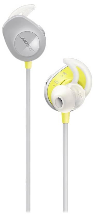 Graue und gelbe In-Ear-Kopfhörer mit weichen Silikonhaken für sicheren Halt. Links auf einem Ohrhörer ist das Logo sichtbar.