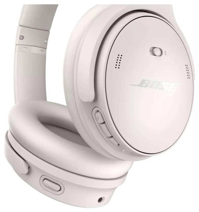 Hellgraue Over-Ear-Kopfhörer mit rundem Design und Bedientasten an der Seite. Kopfhörer der Marke Bose, modern und minimalistisch.