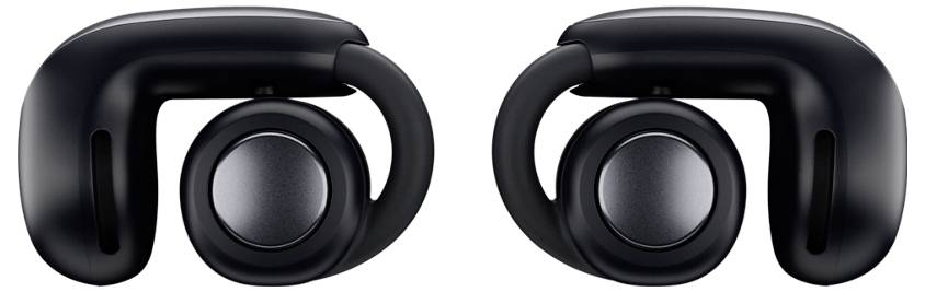 Schwarze kabellose Ohrhörer mit runder, ergonomischer Form und integrierten Bügeln für sicheren Halt.