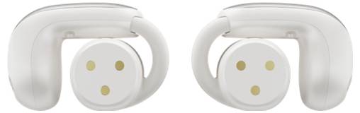 Zwei weiße Ohrhörer mit grauen Akzenten, Ansicht von vorne. Beide sind durch ihre ergonomische Form und die goldenen Kontakte erkennbar.