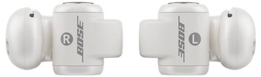 Weiße kabellose In-Ear-Kopfhörer von Bose, linkes und rechtes Ohrstück zeigend, mit 'L' und 'R' für die Seitenmarkierung versehen.