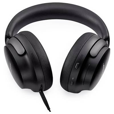 Ein schwarzer Bluetooth-Kopfhörer auf weißem Hintergrund, mit Ohrpolstern und Bedienelementen an der Seite, verbunden über ein Kabel.