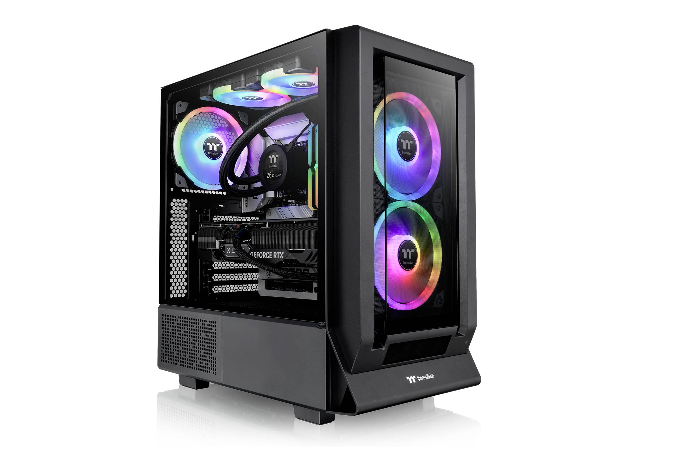Ein moderner Gaming-PC mit durchsichtiger Glasscheibe zeigt bunt beleuchtete Lüfter und fortschrittliche Hardware.