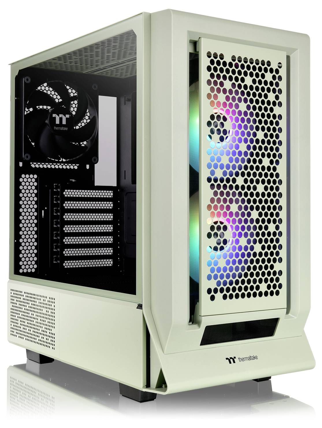 Gehäuse eines Desktop-Computers mit Glas-Seitenwand, sichtbaren Lüftern, die mit buntem Licht leuchten.