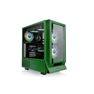 Ein grünes Computergehäuse mit transparentem Seitenfenster zeigt leuchtende Lüfter und eine Grafikkarte.