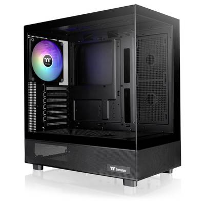 Schwarzes Computergehäuse mit Glasseite, RGB-Lüfter installiert, bietet Platz für mehrere Erweiterungskarten und Laufwerke.