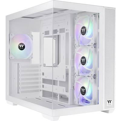 Ein weißes PC-Gehäuse mit vier eingebauten RGB-Lüftern und Glasplatte, zeigt das interne Layout und die Kühlungselemente.