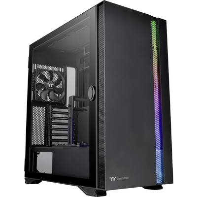 Schwarzes Computergehäuse mit transparentem Seitenpanel und RGB-Beleuchtung an der Front. Markiert mit 'Thermaltake'-Logo.