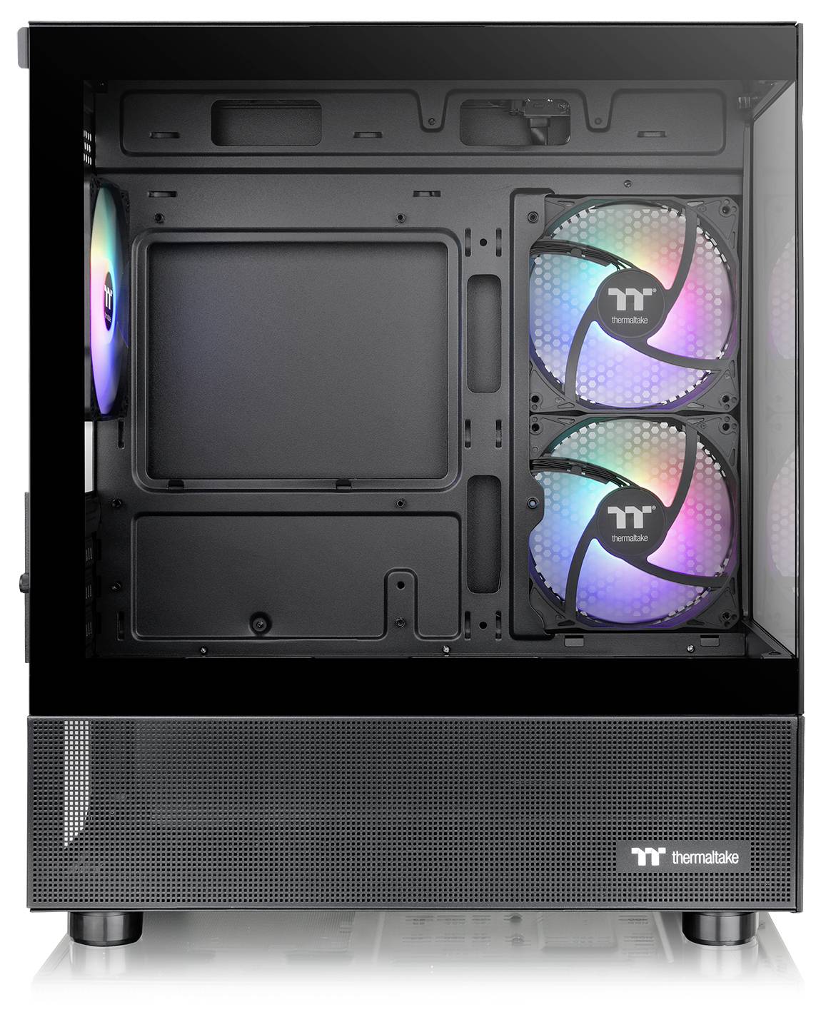 PC-Gehäuse mit transparentem Seitenteil, zeigt zwei bunte RGB-Lüfter im Inneren. Markenname 'Thermaltake' unten rechts sichtbar.